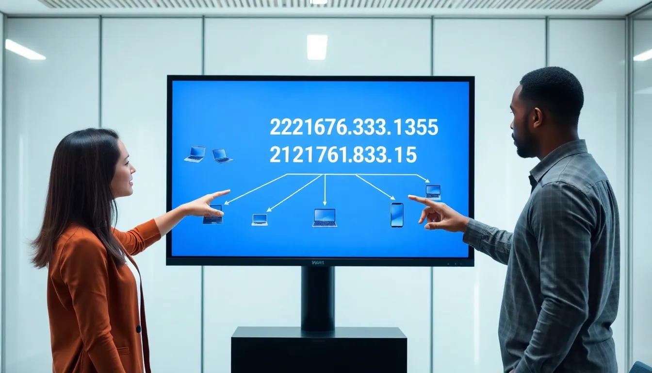 professionals discussing IP address functionality in a modern office.