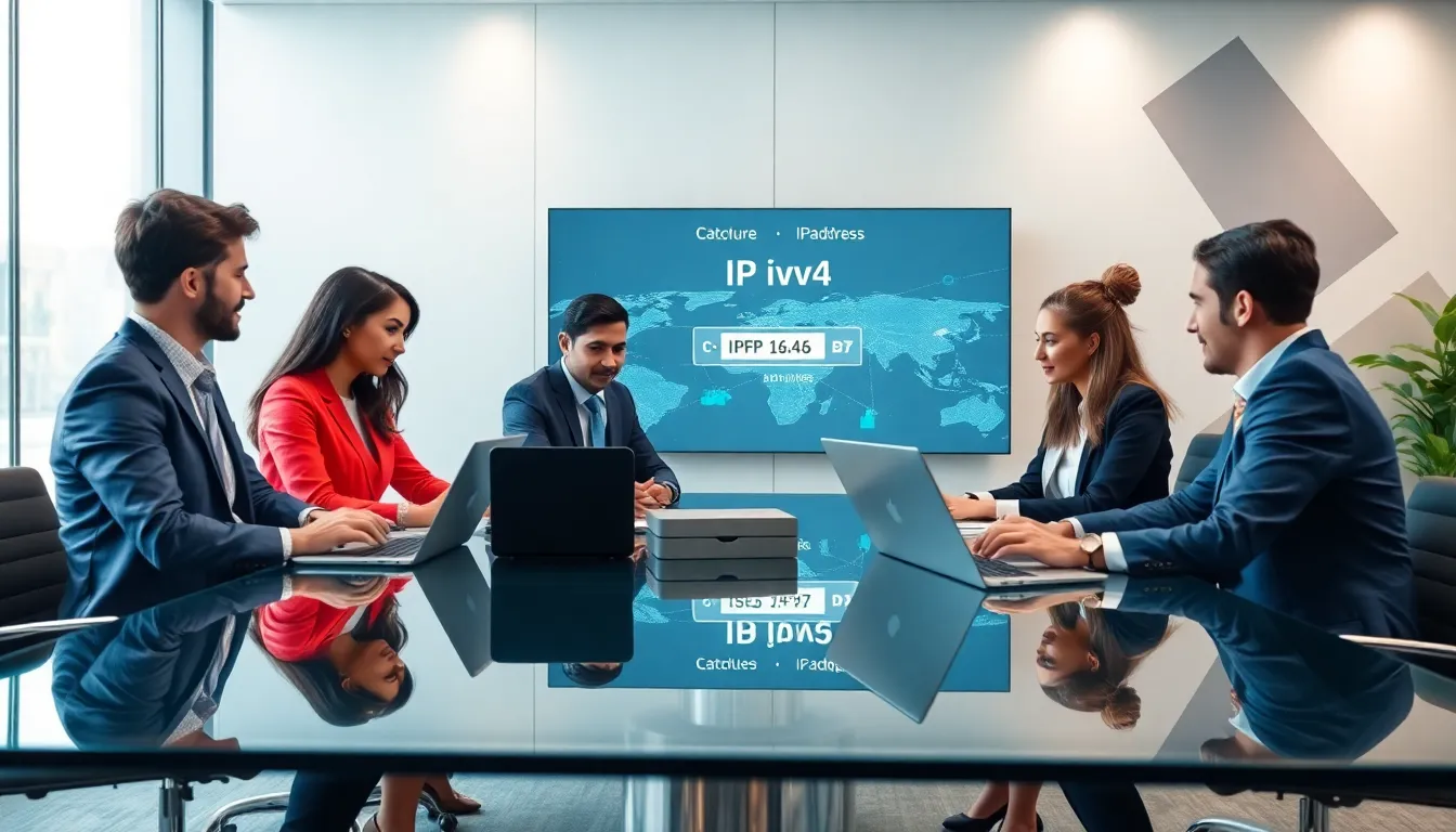 diverse team discussing IP addresses in a modern office.